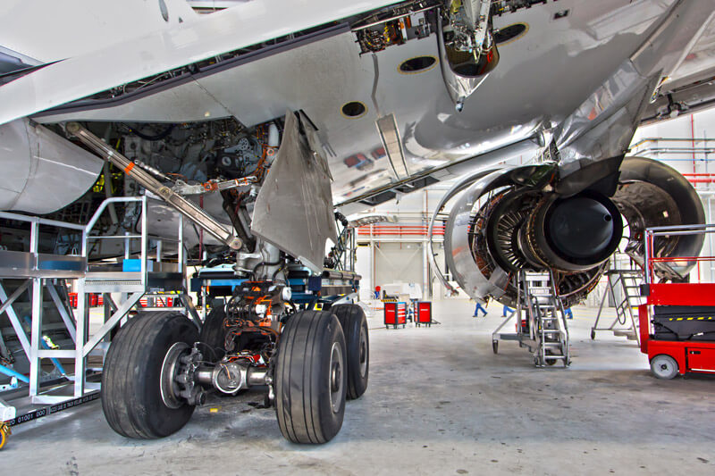 Closeup of a jet plane's wheels