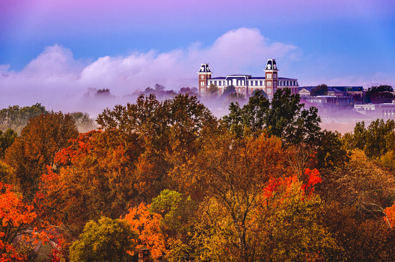 Foggy view Old Main of University of Arkansas