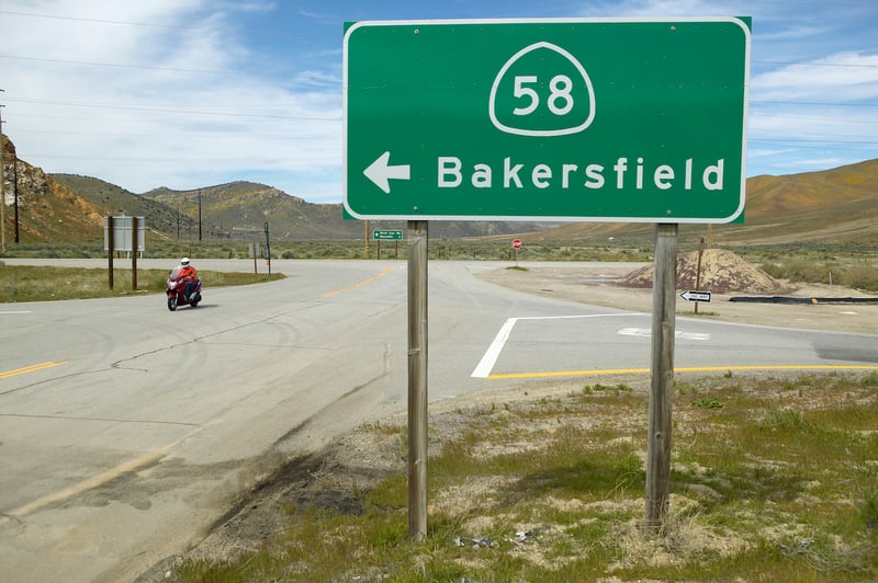 road sign pointing to Route 58 near Bakersfield