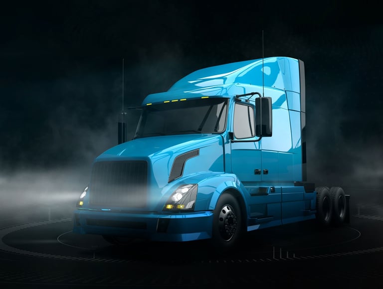 Blue truck with headlights cutting through fog