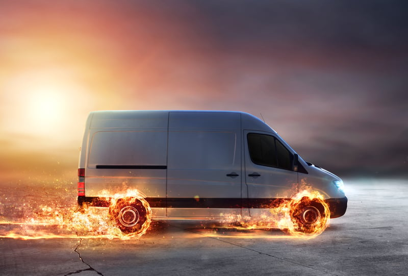 Sprinter van flaming tires