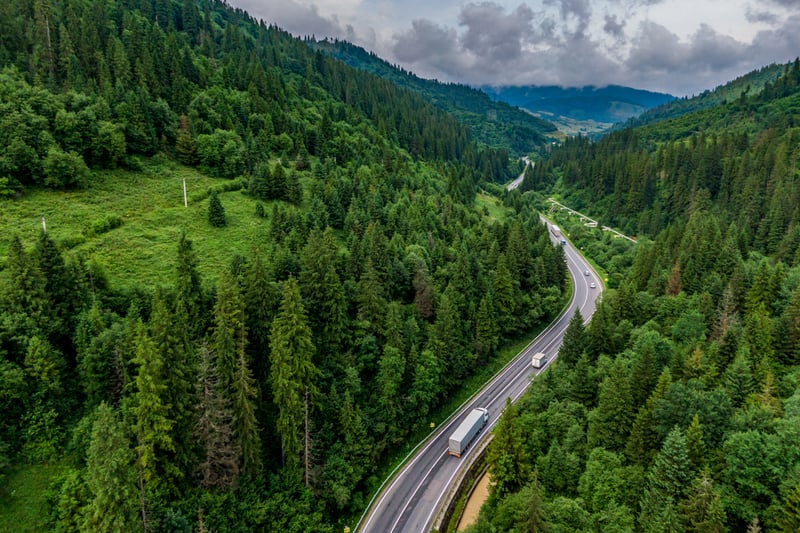 Trucks in rural area surrounded by trees