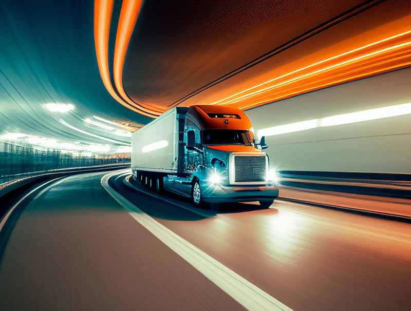 Large truck driving at night